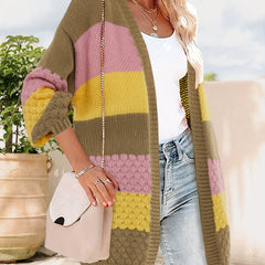  Colorblock Lantern Sleeve Open Front Sweater Cardigan