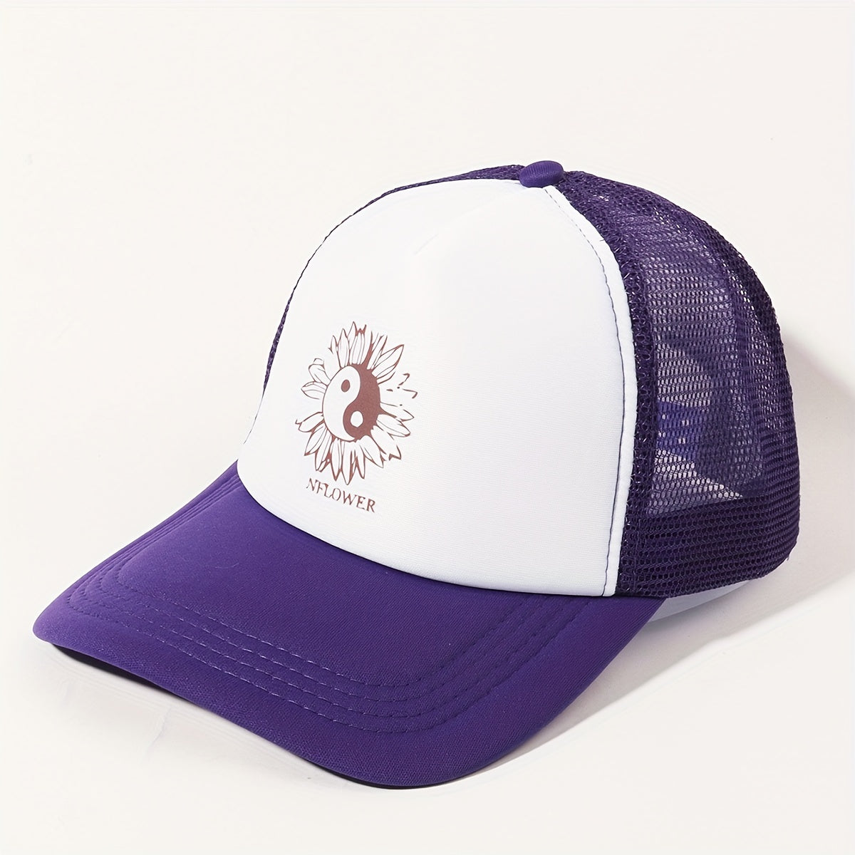 Sunflower Printed Trucker Hat Purple Mesh Baseball Cap Adjustable Dad Hats