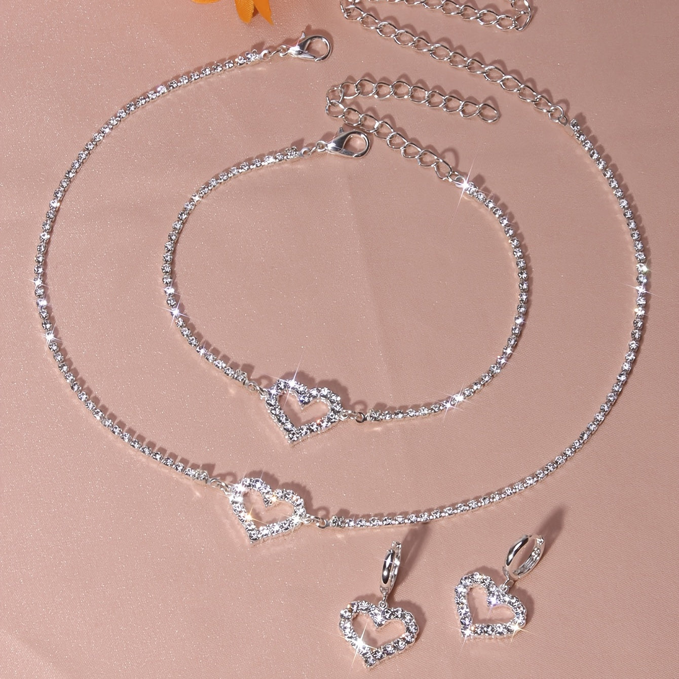 Heart Shape Rhinestones Jewelry Set Choker Bracelet Earrings