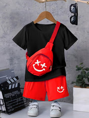 3pcs Boys Happy Face Print T shirt & Shorts & Bag Summer Clothes Sets