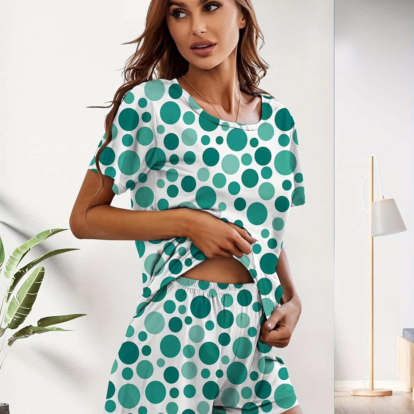 Polka Dot Print Pajamas Set Short Sleeve Crew Neck Top & Shorts