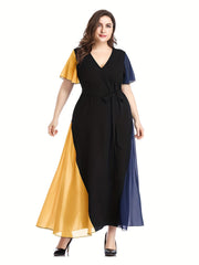  Colorblock Flutter Sleeve V Neck Maxi Dress With Belt