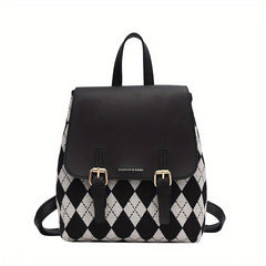 Vintage Argyle Print Backpack Large Capacity Travel Knapsack