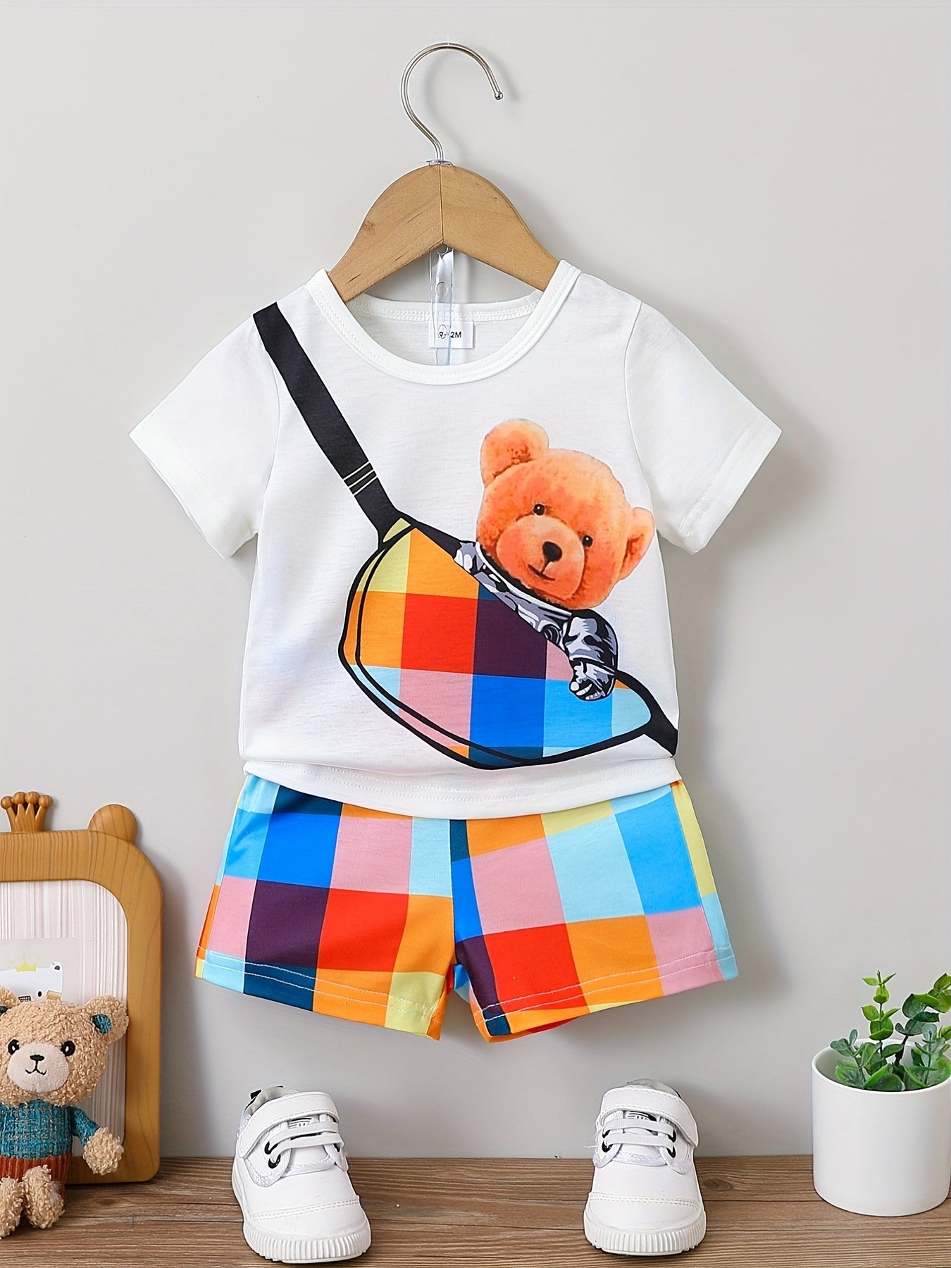 Preppy Kids Bear Graphic T-shirt & Plaid Shorts Set