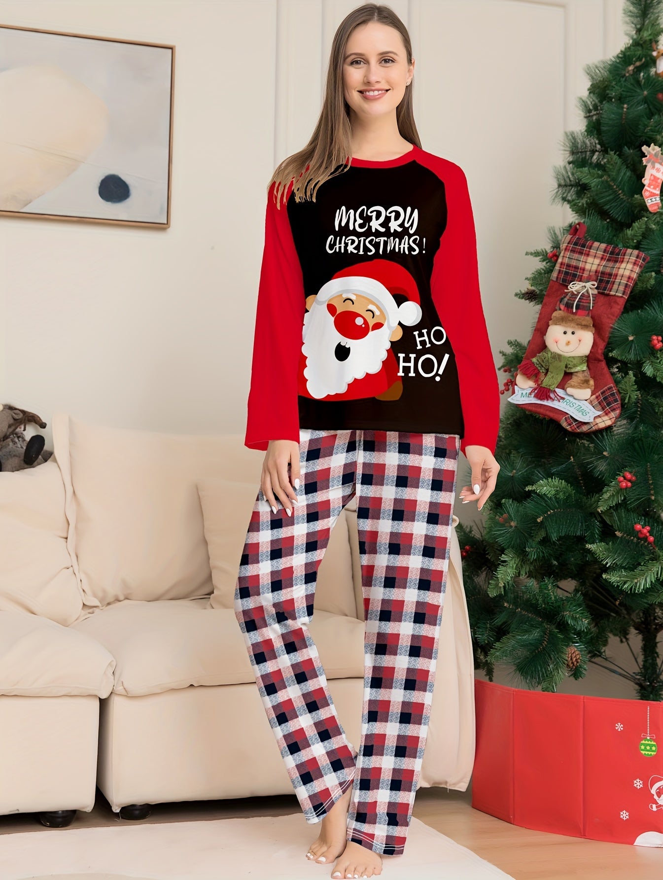 Cartoon Christmas Print Pajama Set Long Sleeve Crew Neck Top & Plaid Pants