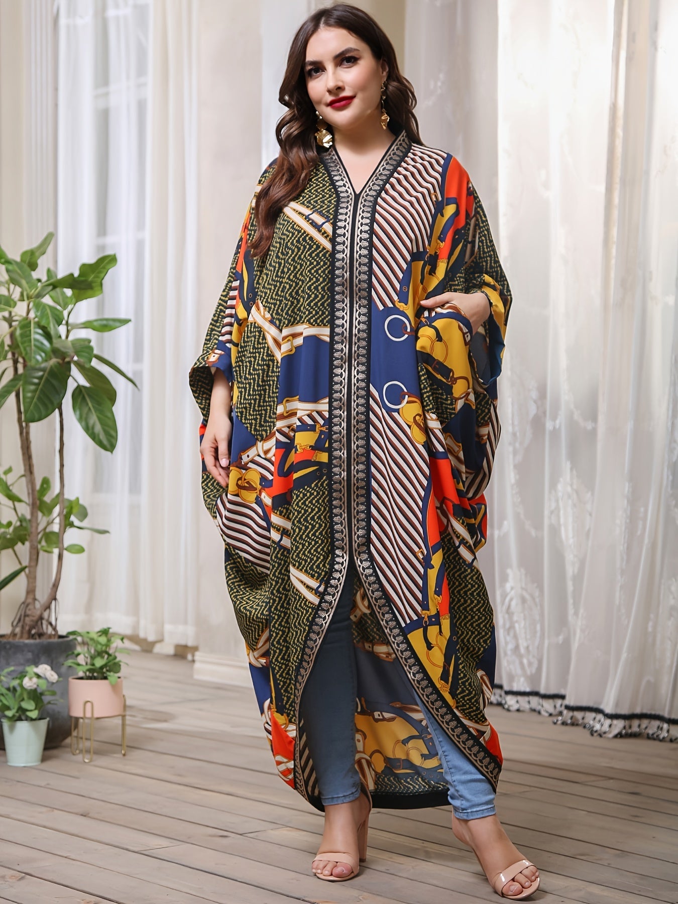  Geometric Print Bat Sleeve V Neck Maxi Dress