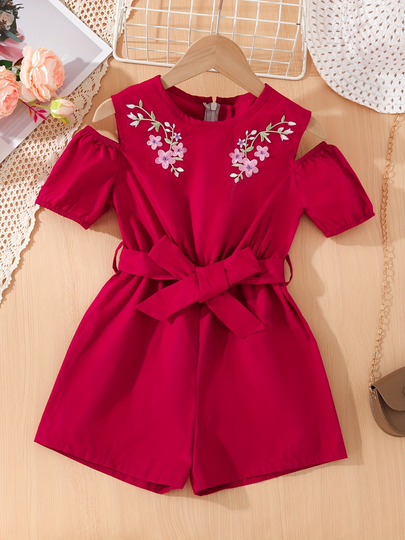 Toddler Girls Cold Shoulder Flowers Embroidered Romper Jumpsuits
