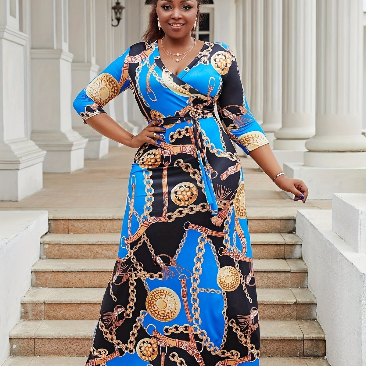  Chain Print Surplice Neck Maxi Dress With Belt