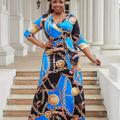  Chain Print Surplice Neck Maxi Dress With Belt