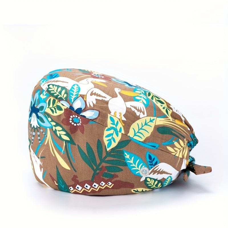 Cartoon Print Cotton Nurse Scrub Cap with Elastic and Button