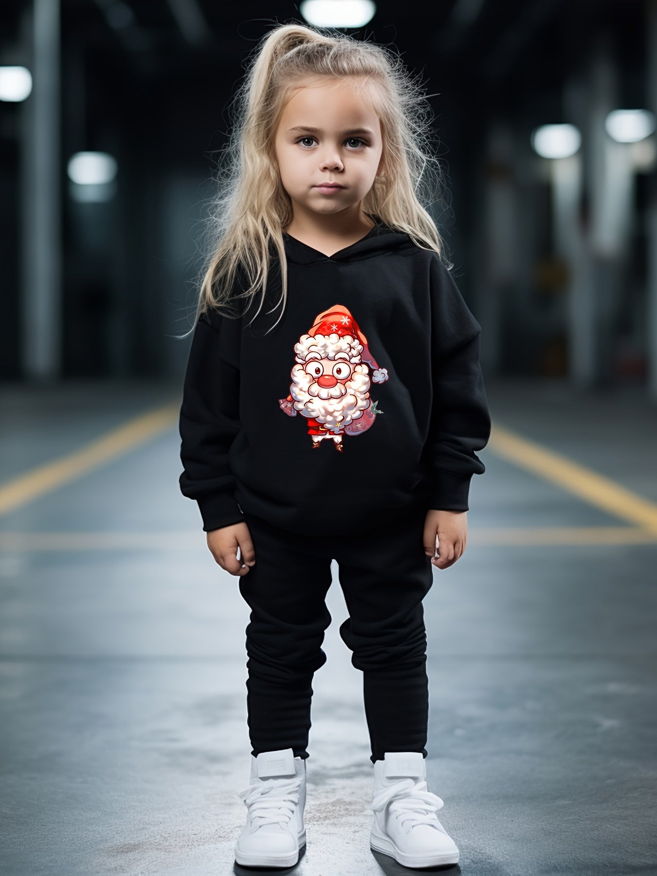 Santa Print Hooded Pullover Pants Set For Sports Spring Fall Gift