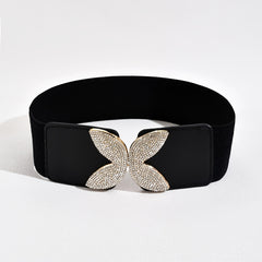 Rhinestone Butterfly Buckle Elastic Belt Wide Waist Cover Skirt Decor