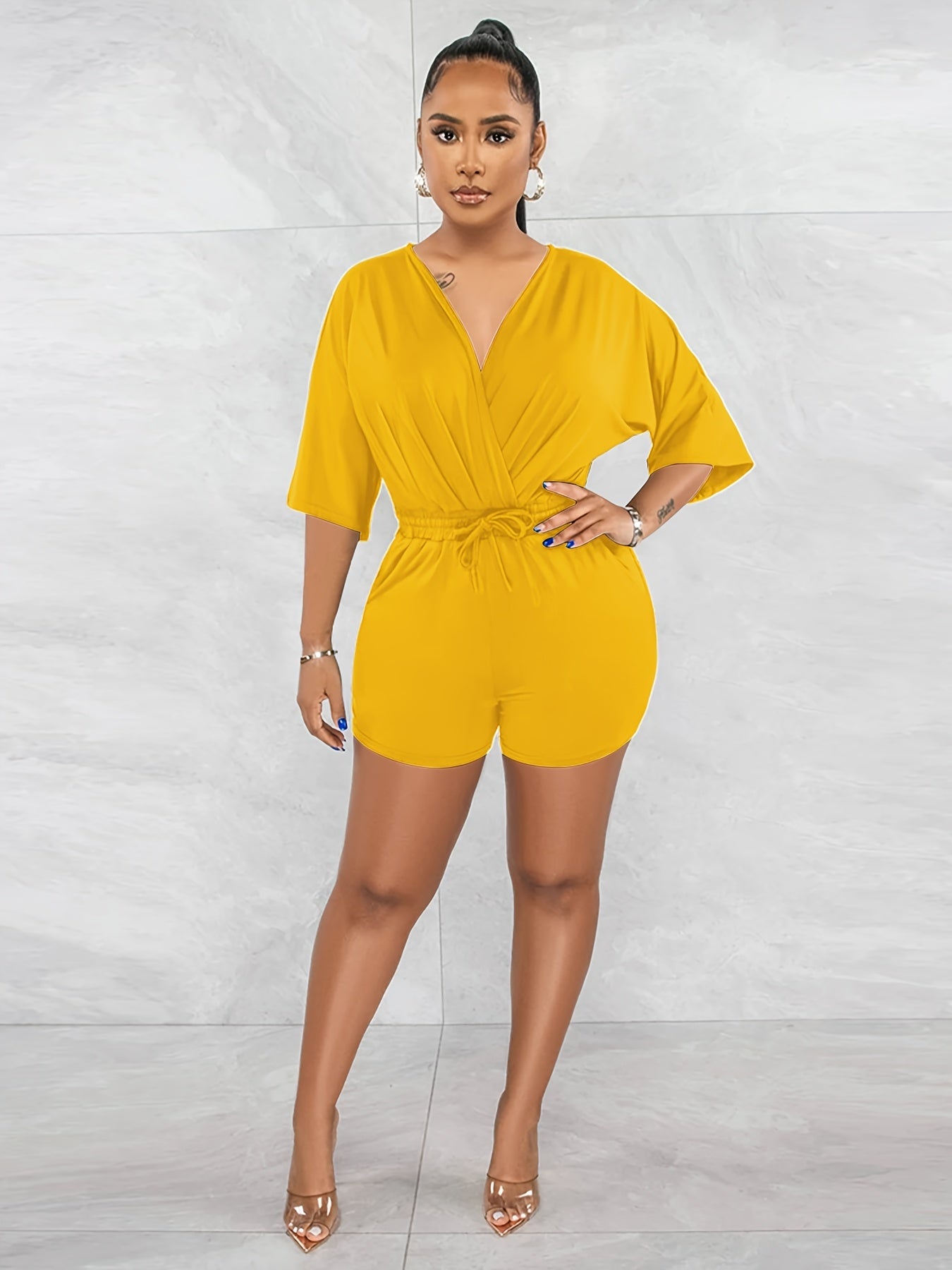 Drawstring Waist Romper Jumpsuit V-Neck Casual Short Sleeve