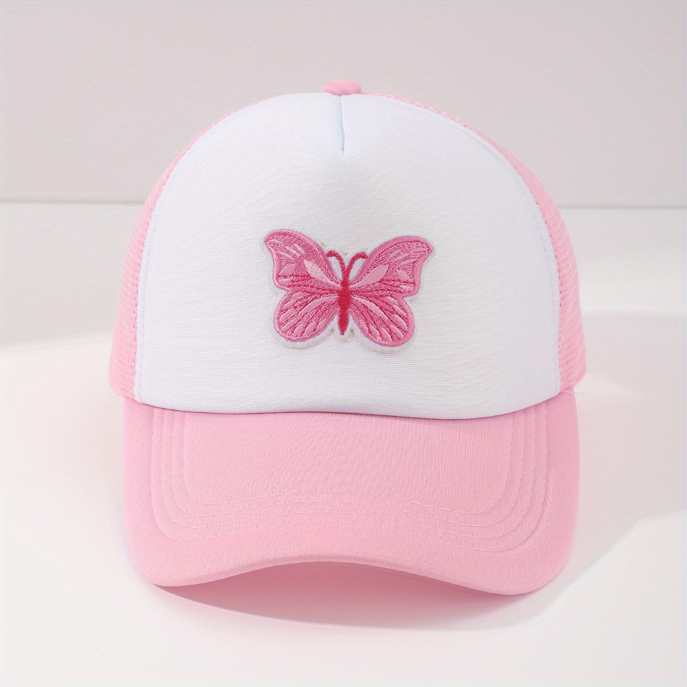 Butterfly Embroidery Pink Trucker Hat Cartoon Block Mesh Baseball Cap
