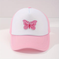 Butterfly Embroidery Pink Trucker Hat Cartoon Block Mesh Baseball Cap