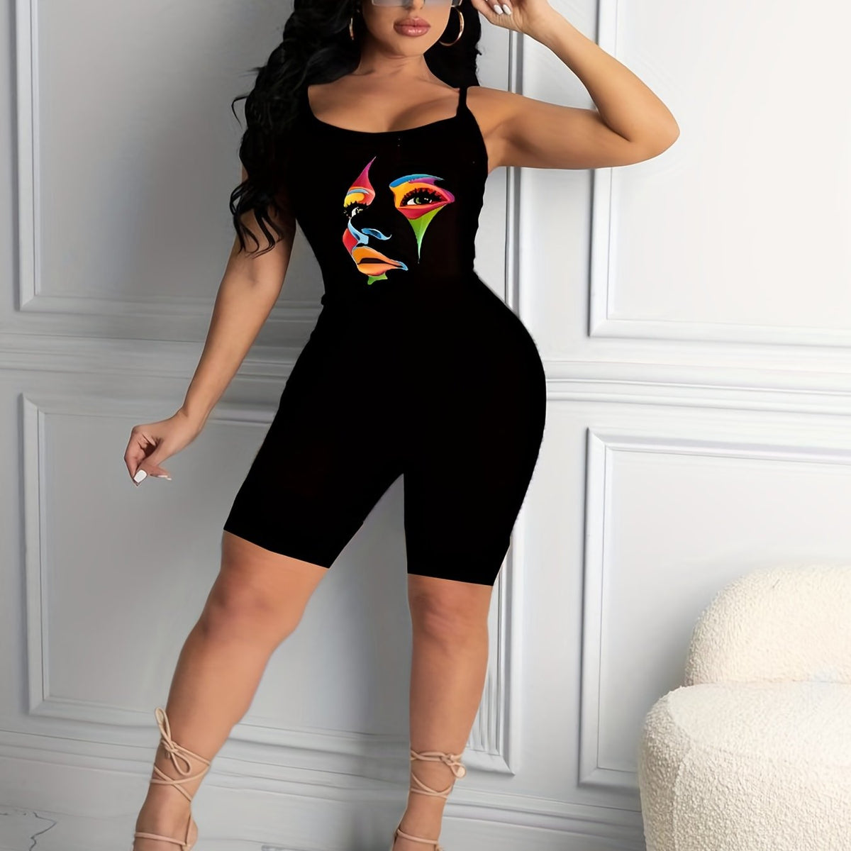 Print Spaghetti Strap Romper Jumpsuit Casual Sleeveless Slim Romper Jumpsuit