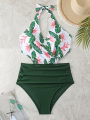  Tropical Print Cut Out V Neck Halter One Piece Swimsuit