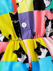 Toddler Girls Cat Plaid Graphic Cami Rompers Jumpsuits