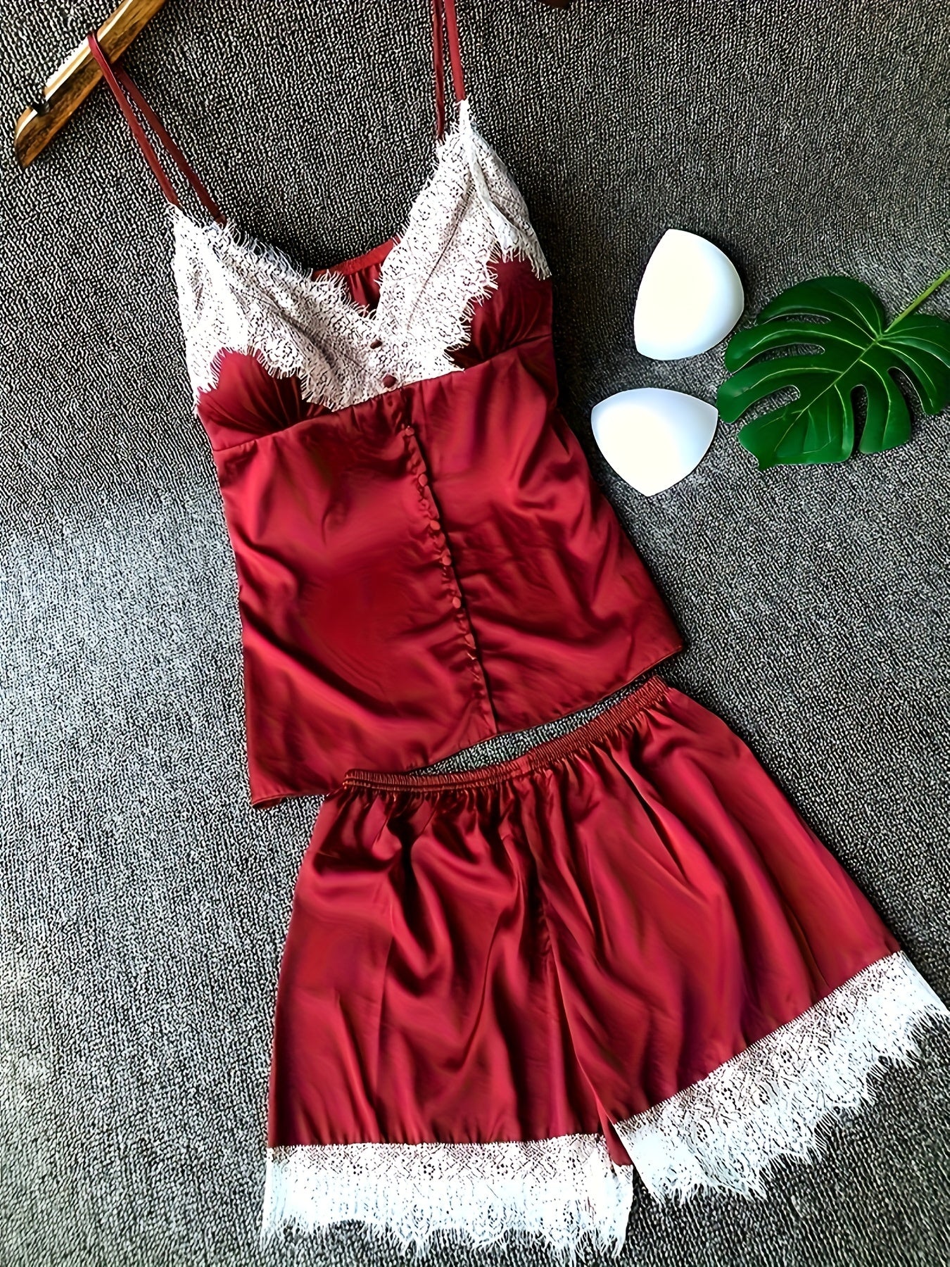 Lace Stitching Pajama Set V Neck Cami Top & Elastic Waistband Shorts