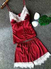 Lace Stitching Pajama Set V Neck Cami Top & Elastic Waistband Shorts