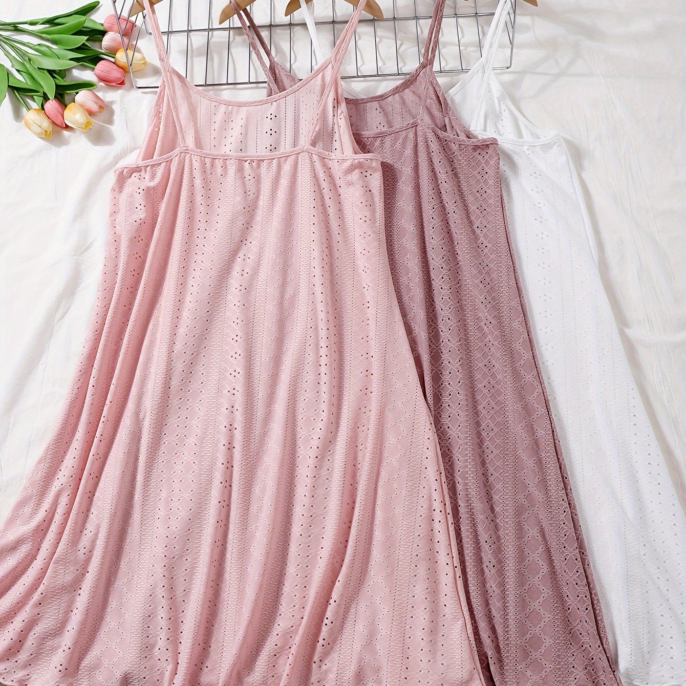 3 Pcs Eyelet Embroidered Lounge Dresses Crew Neck Home Dress
