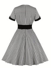  Colorblock Gingham Print Sweetheart Neck A-line Dress