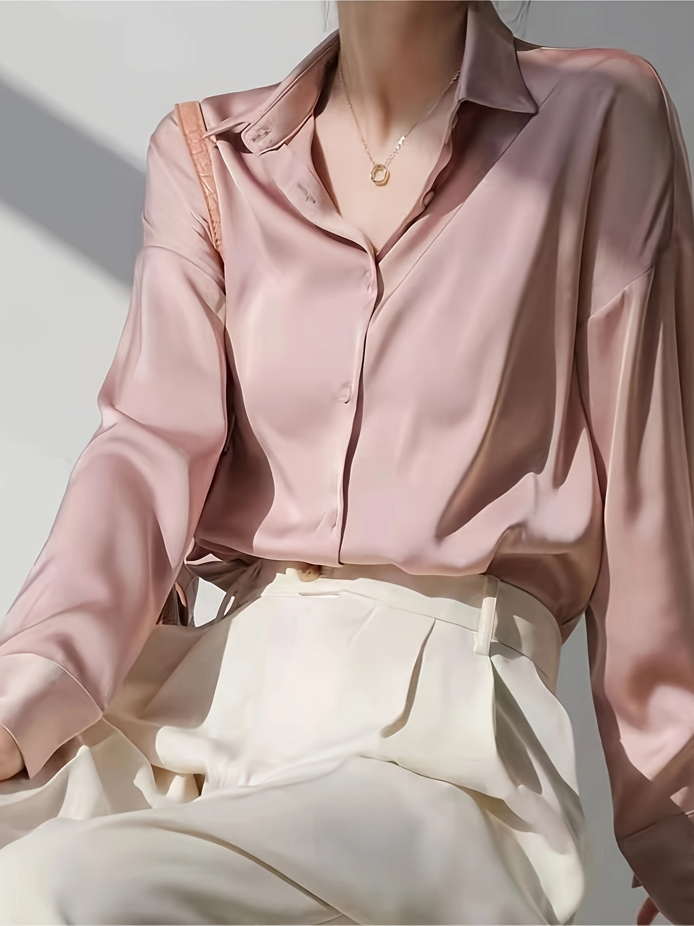  Solid Satin Drop Shoulder Long Sleeve Blouse