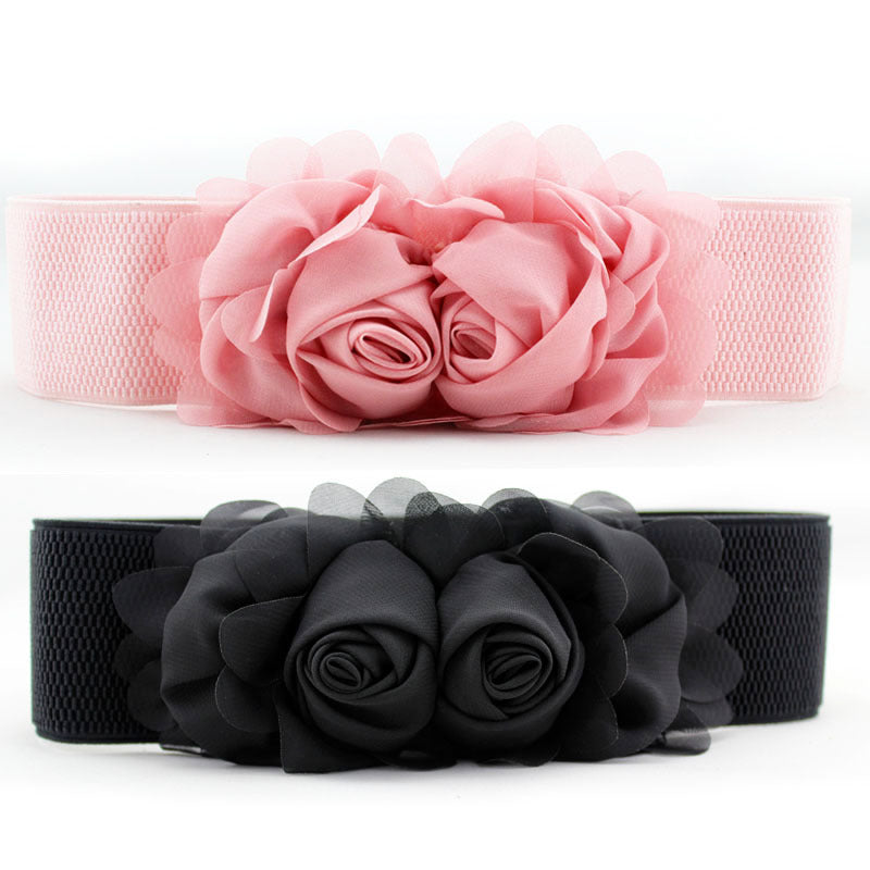 Elastic Wide Belt Lace Flower Buckle Solid Waistband