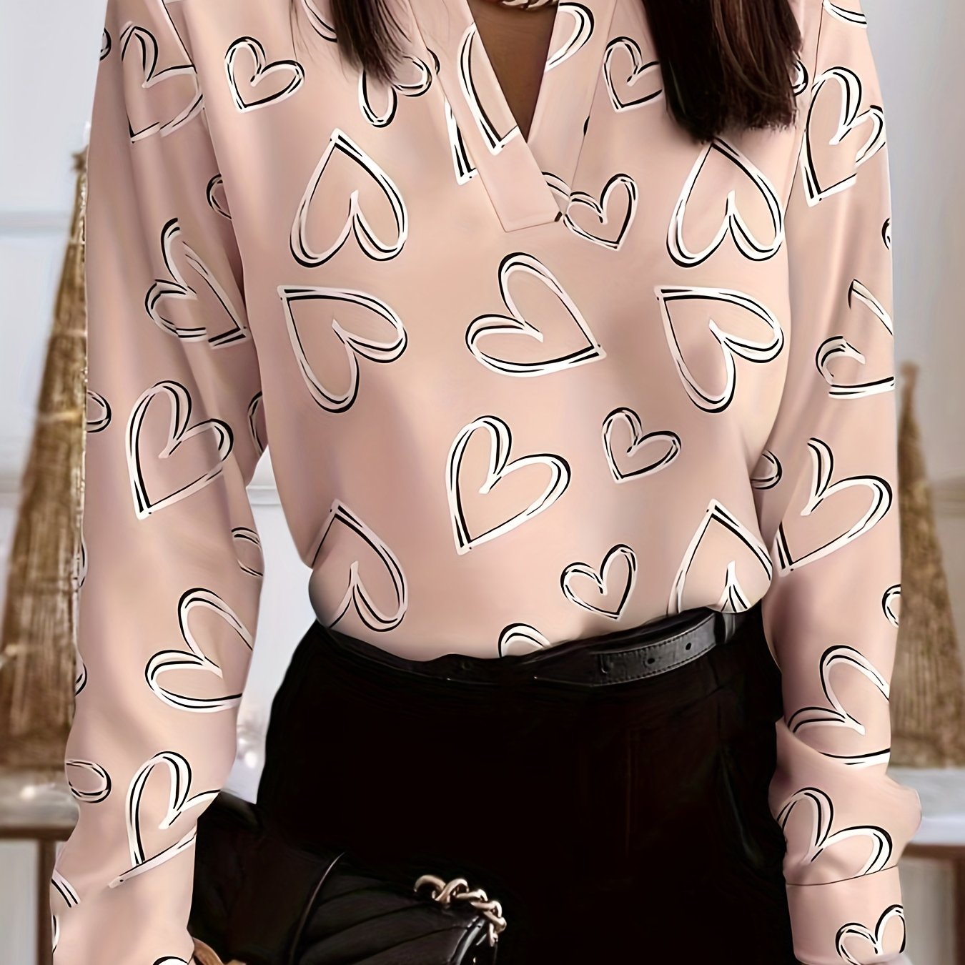  Heart Print Long Sleeve V Neck Blouse