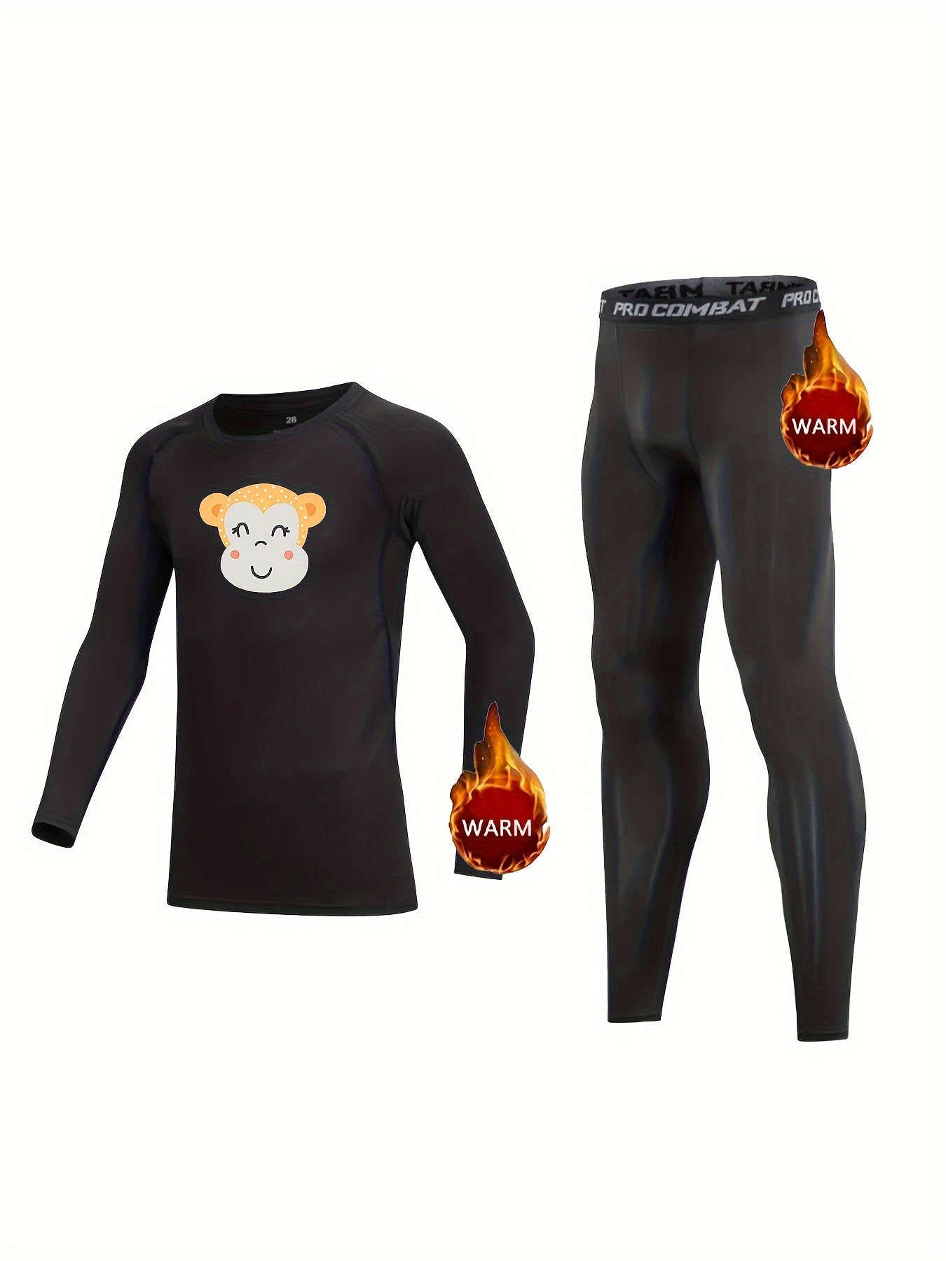 2pcs Kids Compression Fleece Sets - Monkey Pattern Crew Neck Pullover