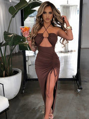 Ruffled Split Off Shoulder Dress Nightclub Sexy Drawstring Slim Dress