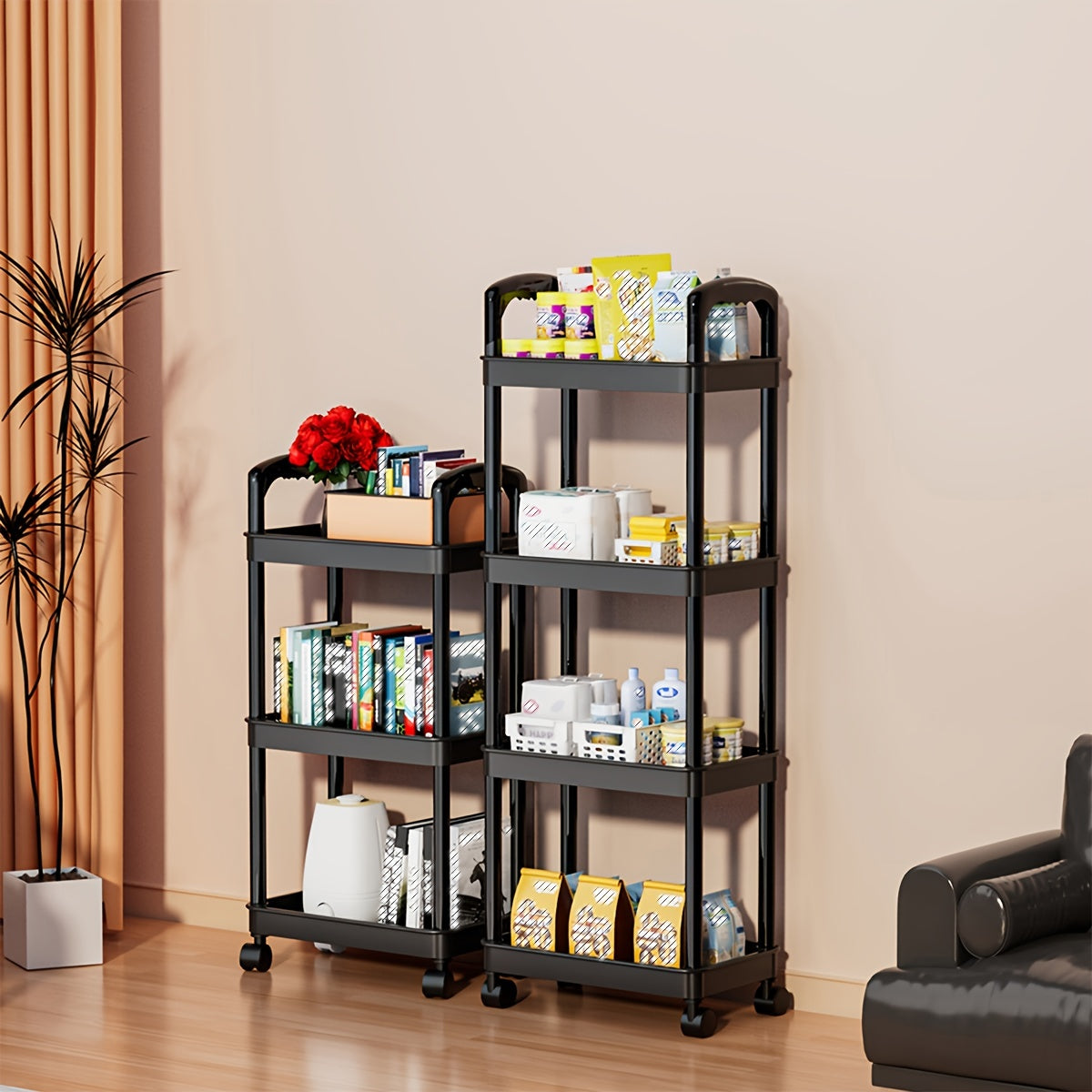 3-Tier Rolling Utility Cart with Handle & Wheels for Kitchen Office Storage