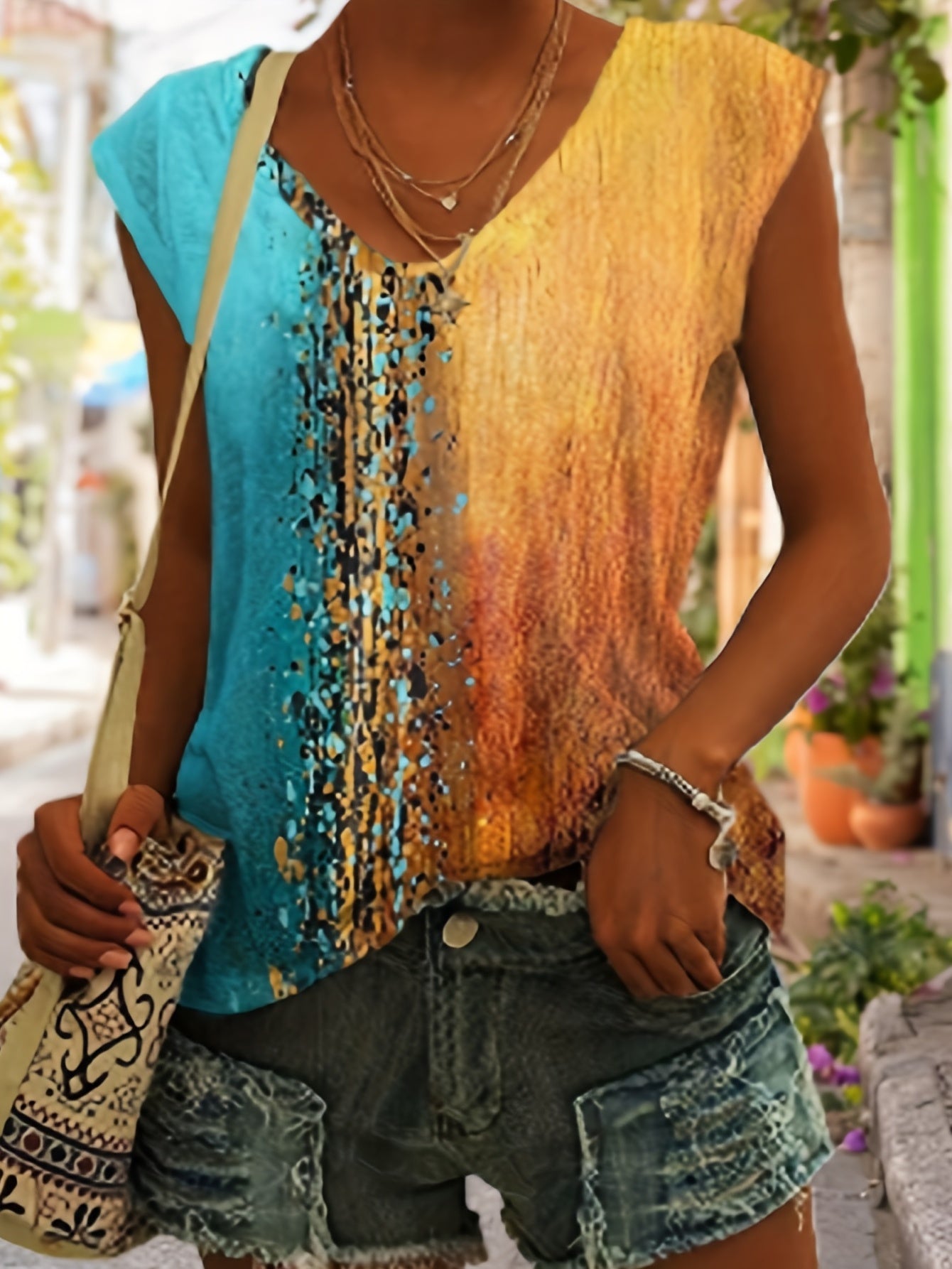  Colorblock Print V Neck Tank Top