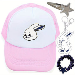4pcs Rabbit Print Trucker Hat, Kpop Keychain, Pentagram Clip, Hair Tie