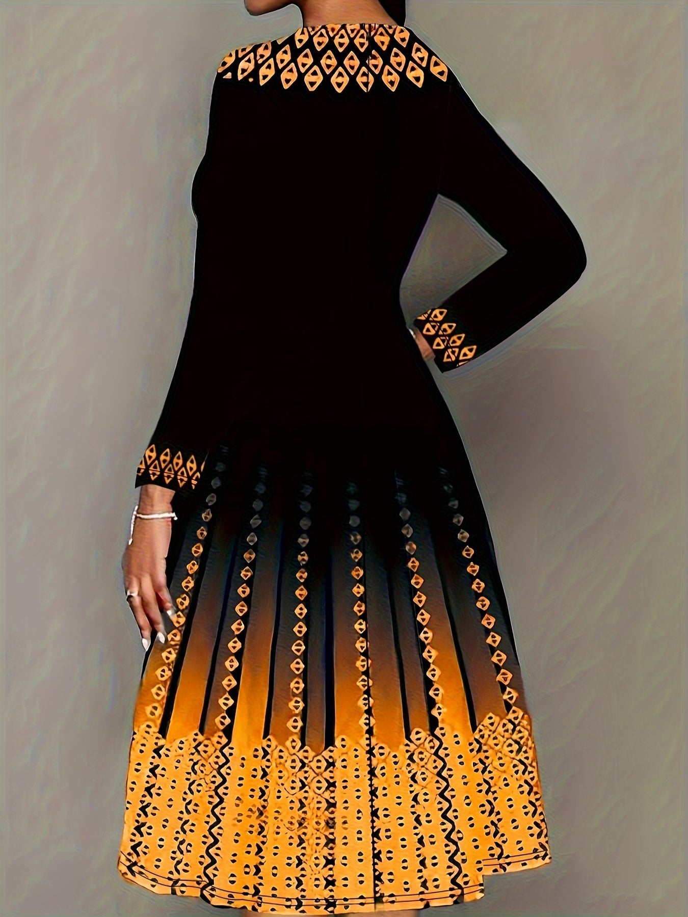  Geometric Print Long Sleeve Round Neck Dress