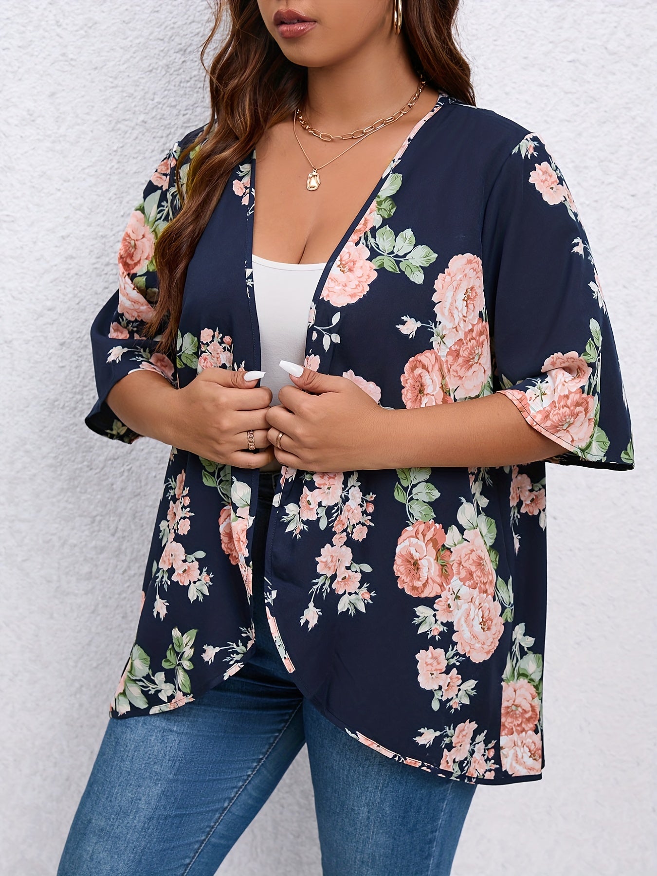  Floral Print Open Front Coat