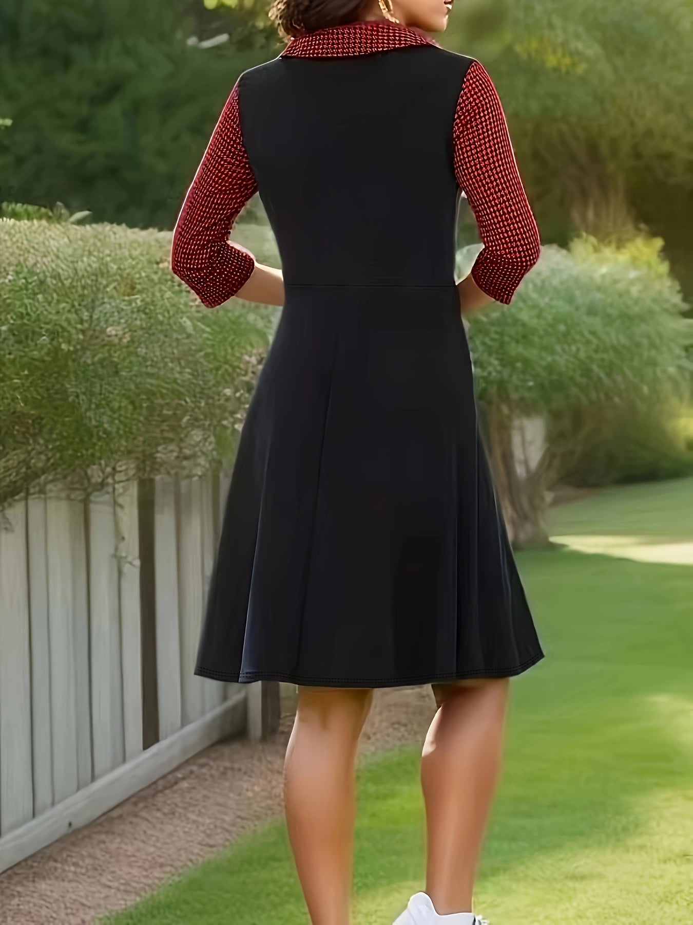  Colorblock Houndstooth Round Neck Dress