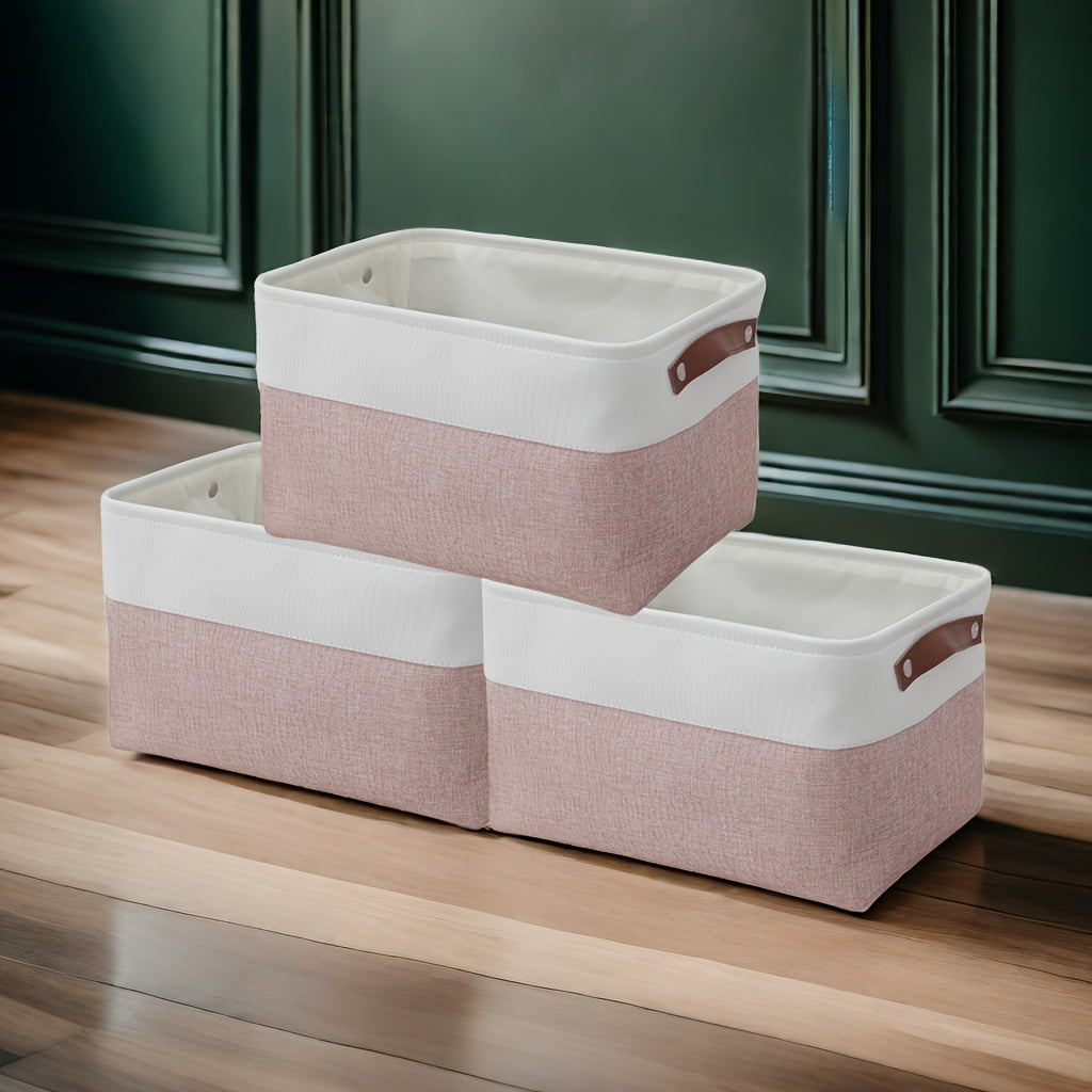 3pcs Fabric Storage Baskets Golden Finish Home Organizer