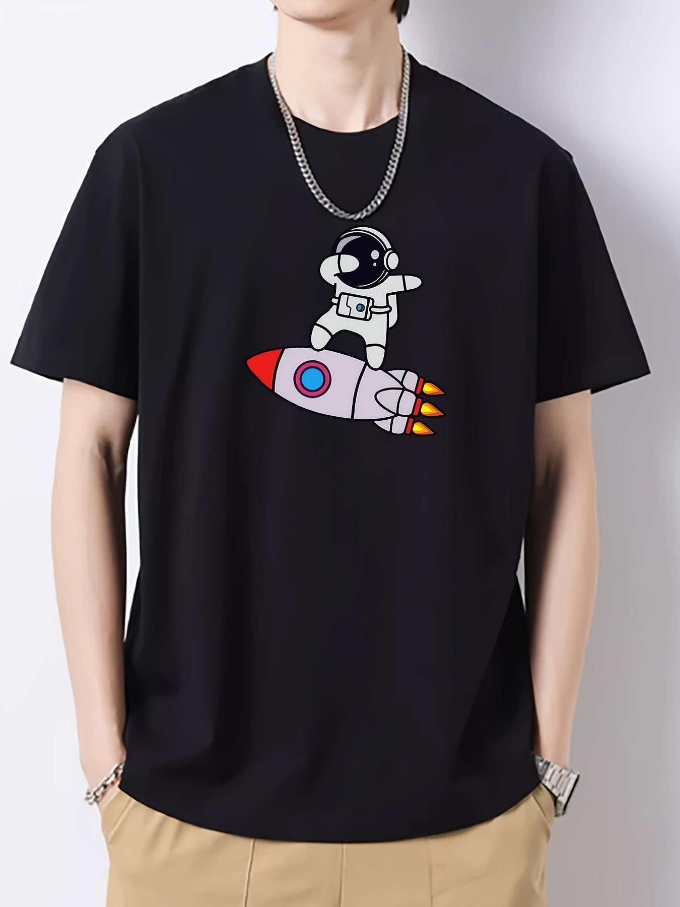 Rocket & Astronaut Pattern Print Men's Graphic Cotton Crew Neck T-shirt