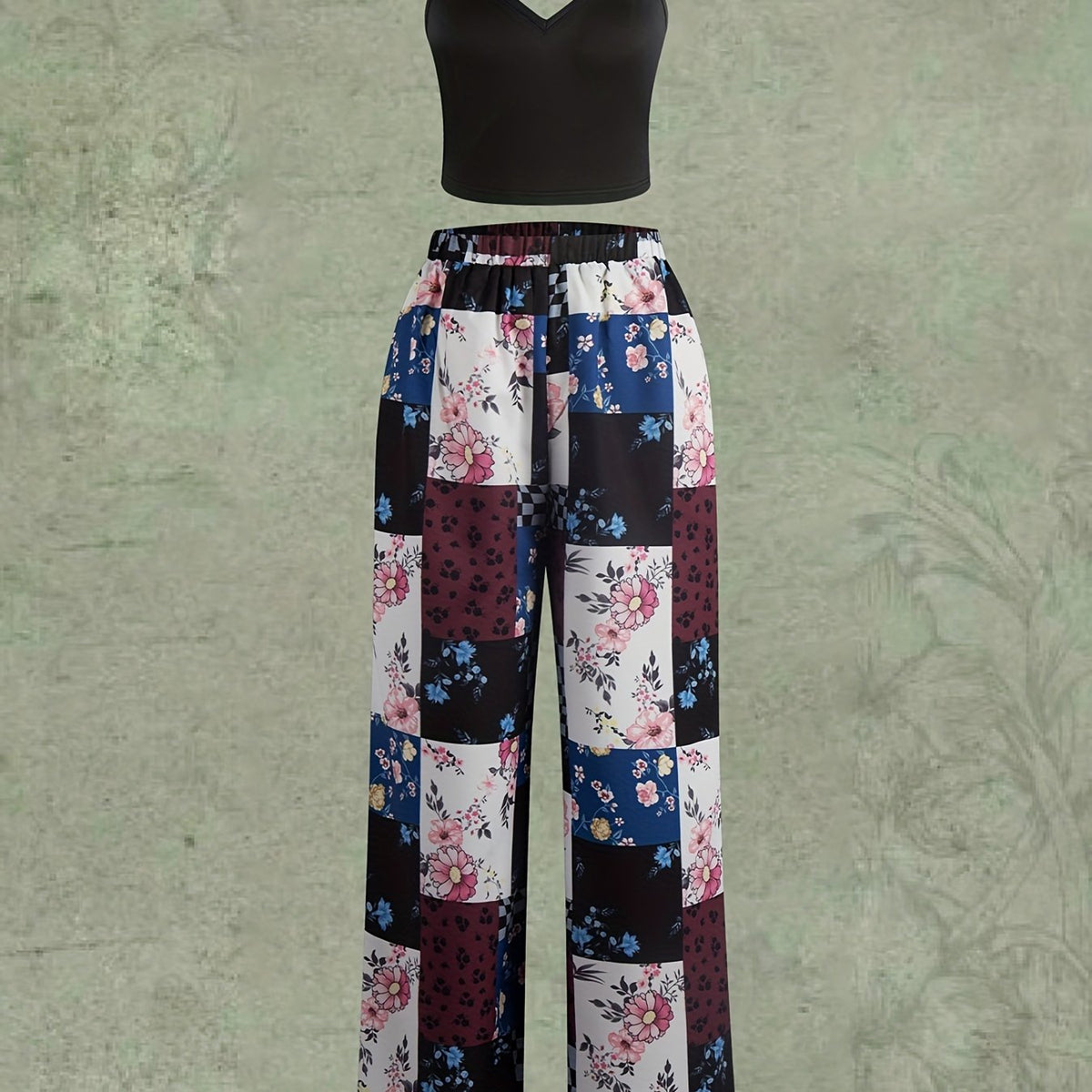 Hippie 2pc Set Solid Cami Top & Floral Wide Leg Pants