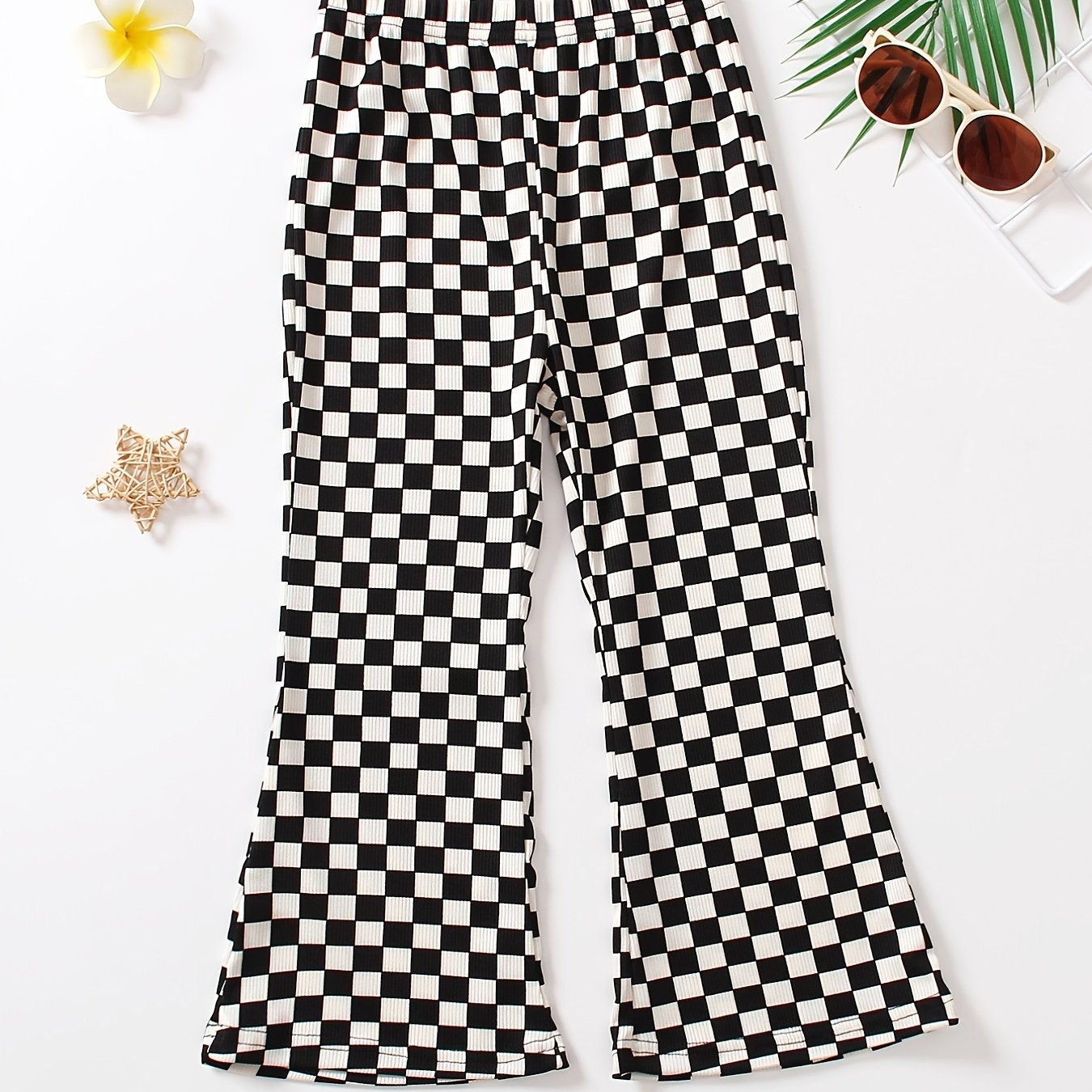Girls Checkerboard Print Flare Leg Pants High Elastic Waist Long Trousers