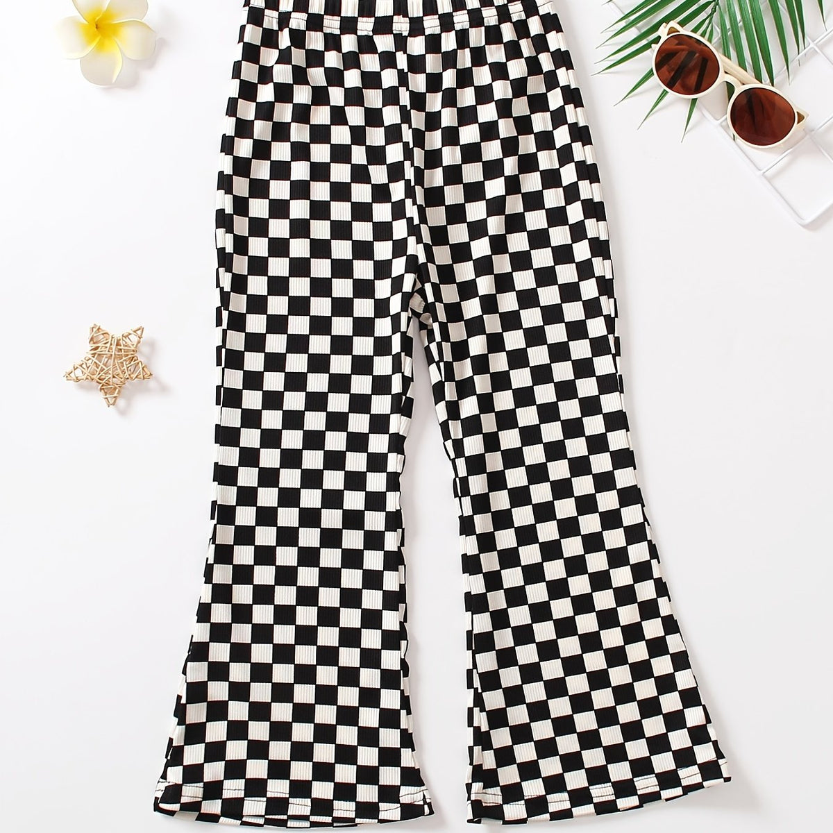 Girls Checkerboard Print Flare Leg Pants High Elastic Waist Long Trousers