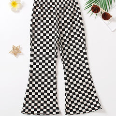 Girls Checkerboard Print Flare Leg Pants High Elastic Waist Long Trousers
