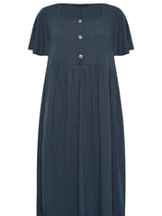 Solid Ribbed Button Decor Butterfly Sleeve Maxi Dress