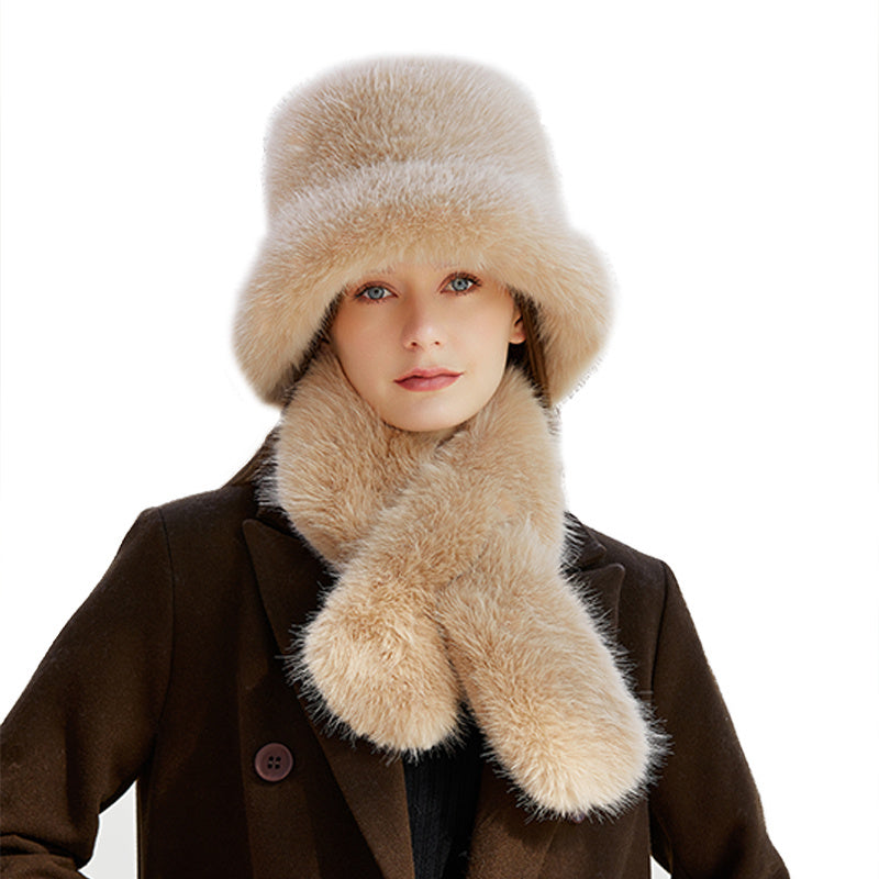 Winter Thick Warm Bucket Hat Scarf Set Plush Fisherman Fuzzy Fluffy Cap