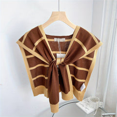 Striped Knitted Shawl Lace Up Cape Windproof Shawls False Collar