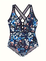  Floral Print V-Neck One Piece Swimsuit