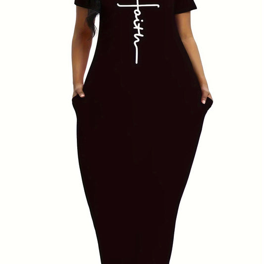  Letter Print Short Sleeve V Neck Maxi Dress
