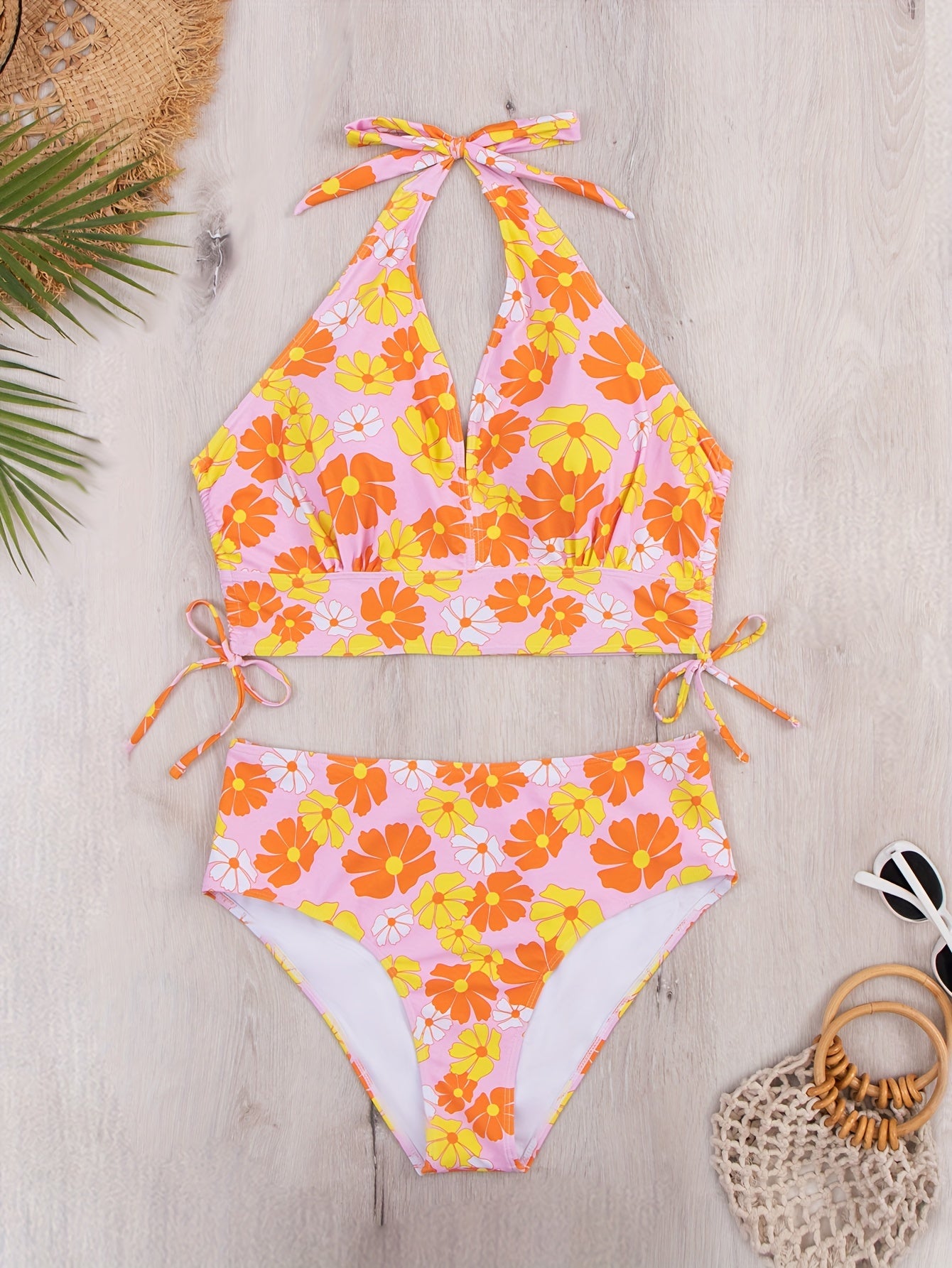  Daisy Print Lace Up Bikini Set
