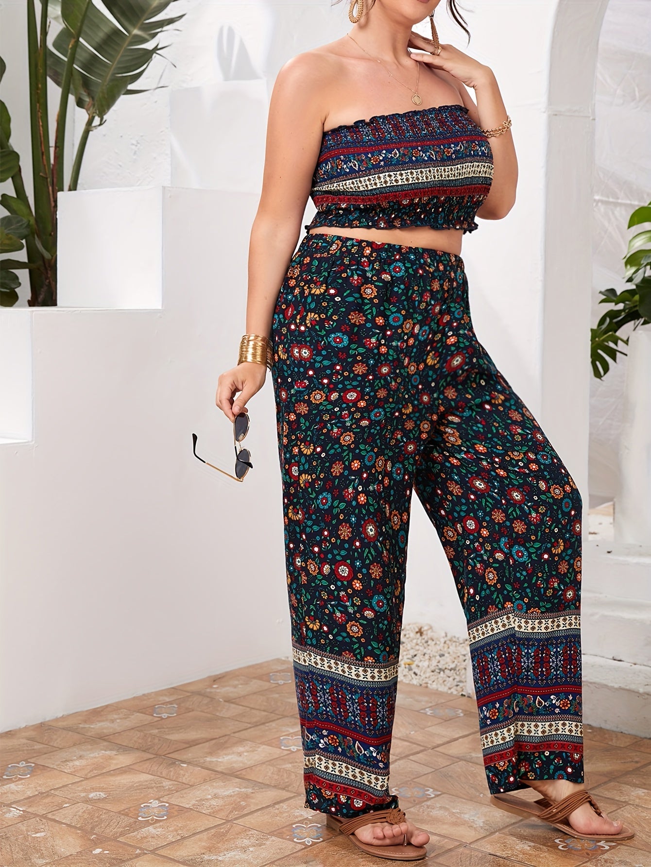 Boho 2pc Set Plus Size Ditsy Print Tube Top & Wide Leg Pants